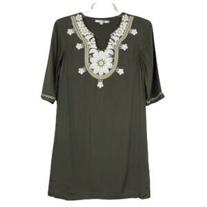 Boden Olive Green Dress with White Embroidery